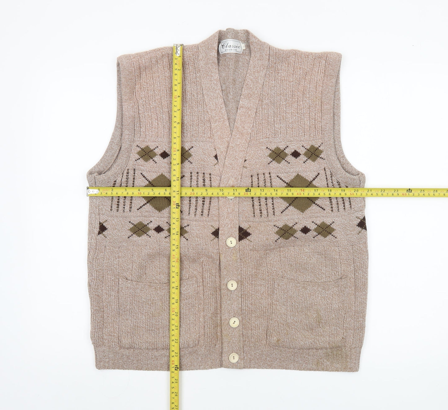 Classic Knitwear Men's Beige Argyle Sleeveless Vest L Knit Acrylic