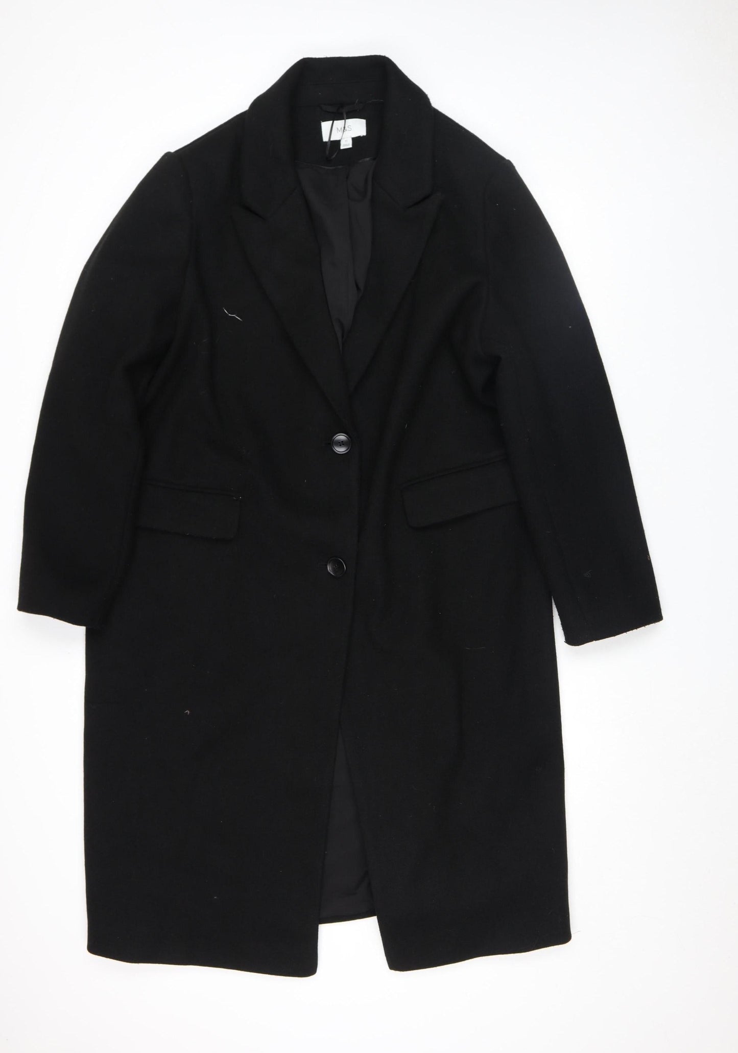Marks and Spencer Women Black Wool Blend Long Overcoat Size 22