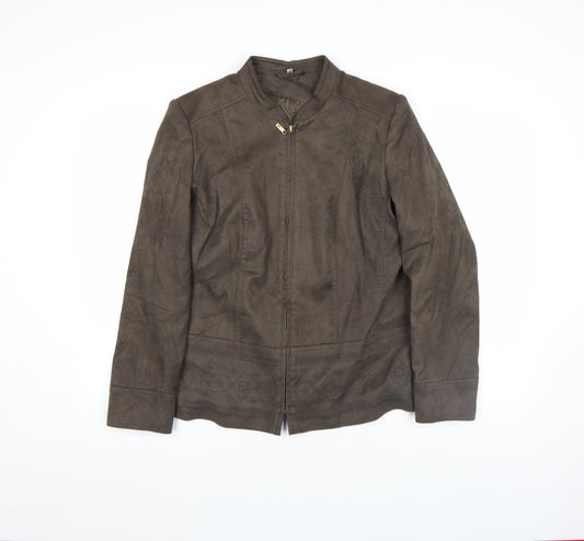 Klass Women Brown Faux Suede Embroidered Zip Jacket Size 12