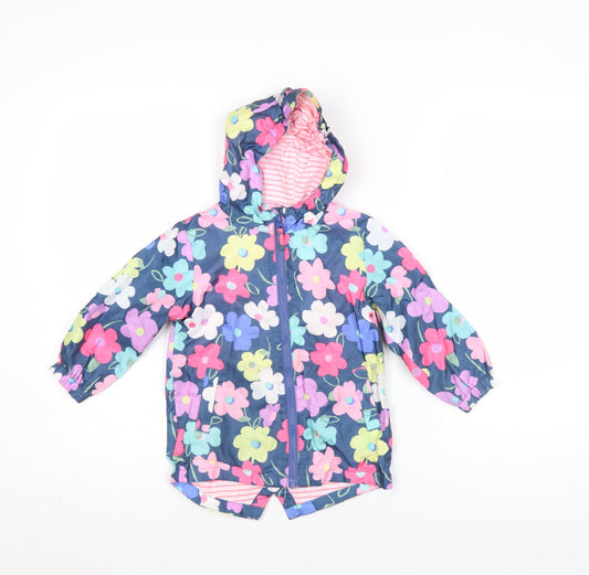 JoJo Maman Bébé Girls Blue Floral Hooded Rain Coat Size 4 Years Waterproof Lined