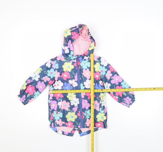 JoJo Maman Bébé Girls Blue Floral Hooded Rain Coat Size 4 Years Waterproof Lined