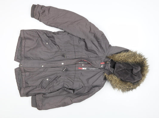 Mint Velvet Girls Grey Faux Fur Hooded Parka Coat 11-12 Years Winter Zip Jacket