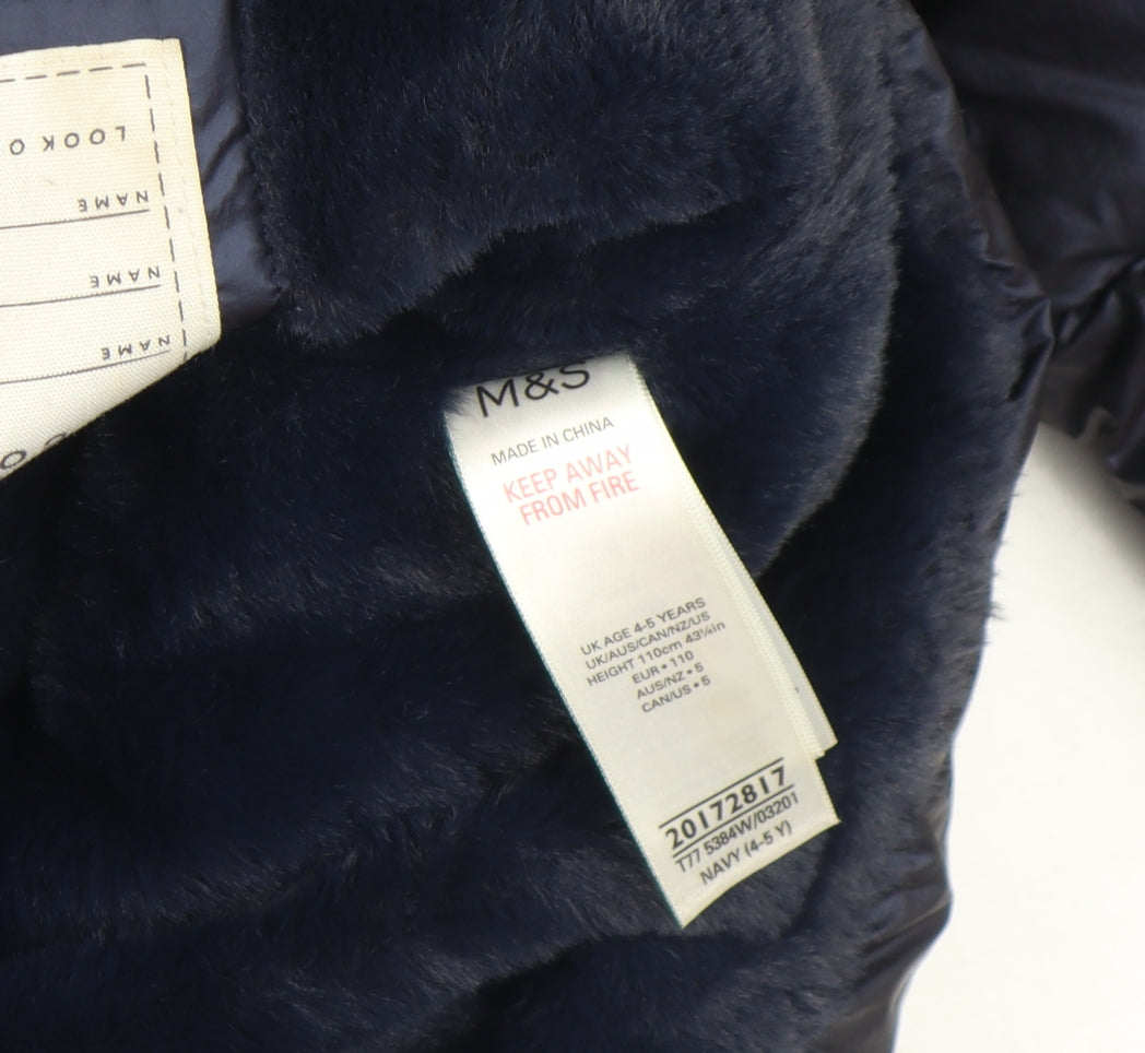 Marks and Spencer Girls Blue Hooded Puffer Coat 4-5 Years Winter Jacket