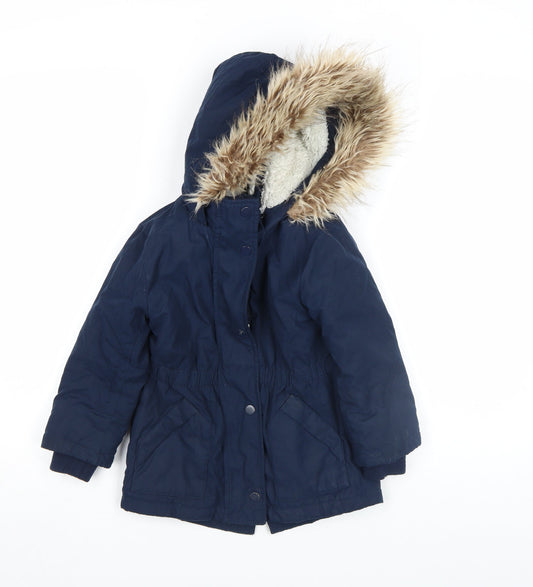 Marks and Spencer Girls Blue Faux Fur Hooded Winter Parka Coat 6 Years