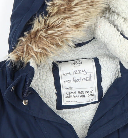 Marks and Spencer Girls Blue Faux Fur Hooded Winter Parka Coat 6 Years
