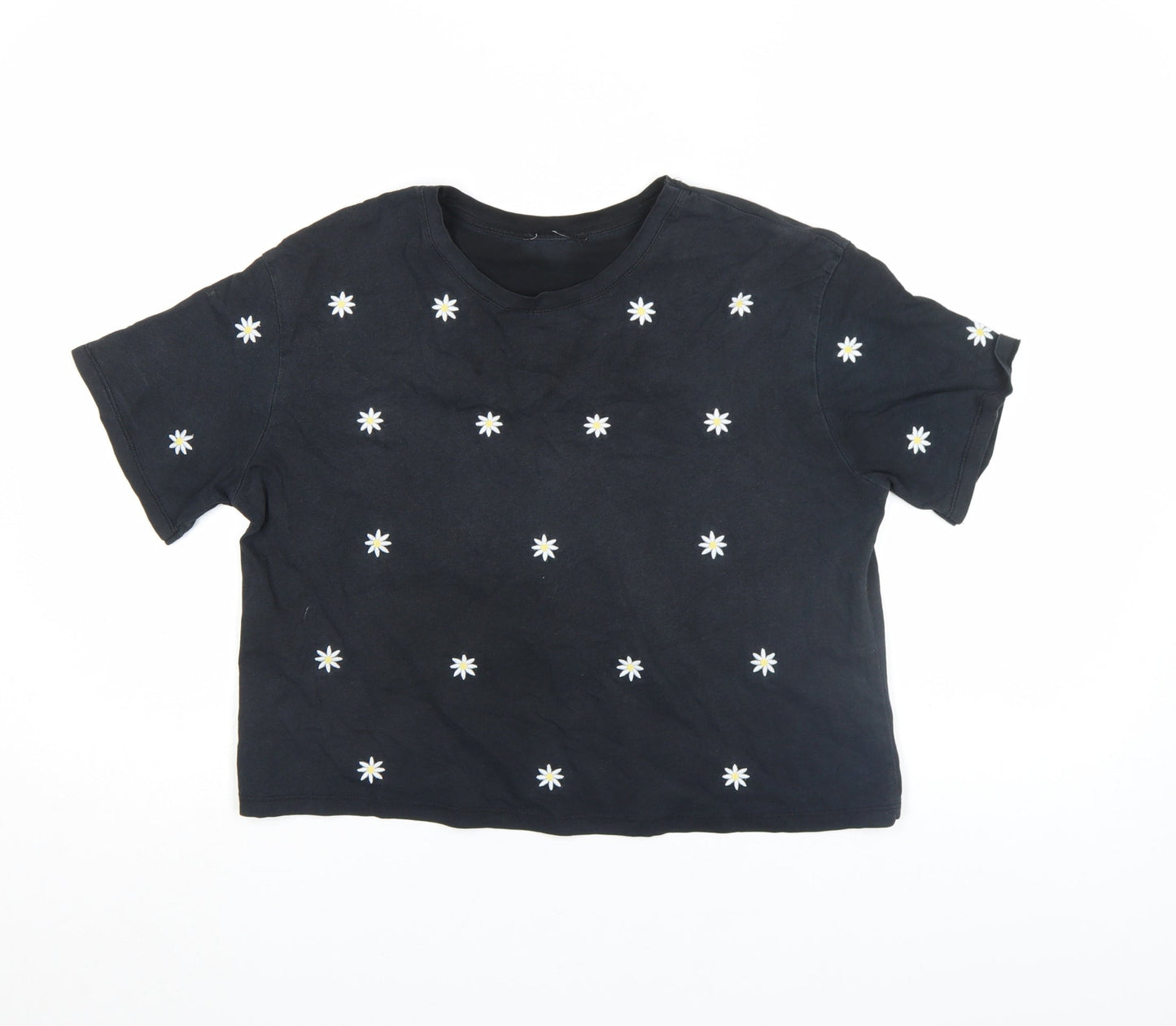 New Look Women’s Black Embroidered Daisy Cropped T-Shirt Size 8