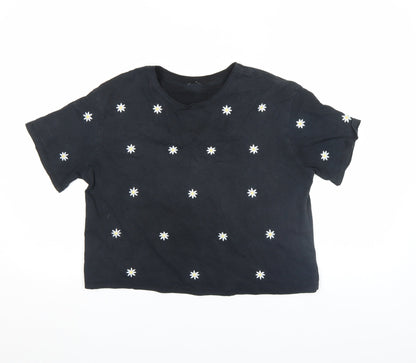 New Look Women’s Black Embroidered Daisy Cropped T-Shirt Size 8