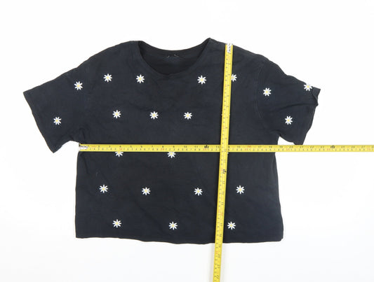 New Look Women’s Black Embroidered Daisy Cropped T-Shirt Size 8