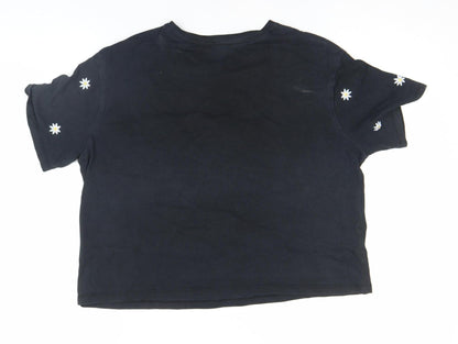 New Look Women’s Black Embroidered Daisy Cropped T-Shirt Size 8