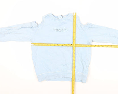 Zara Girls Blue Pullover Sweatshirt 9 Years Cut Out Shoulder Graphic Print