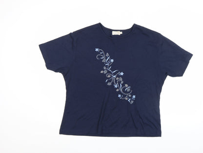 Bonmarché Women’s Blue Floral Embroidered Cotton Blend T-Shirt XL