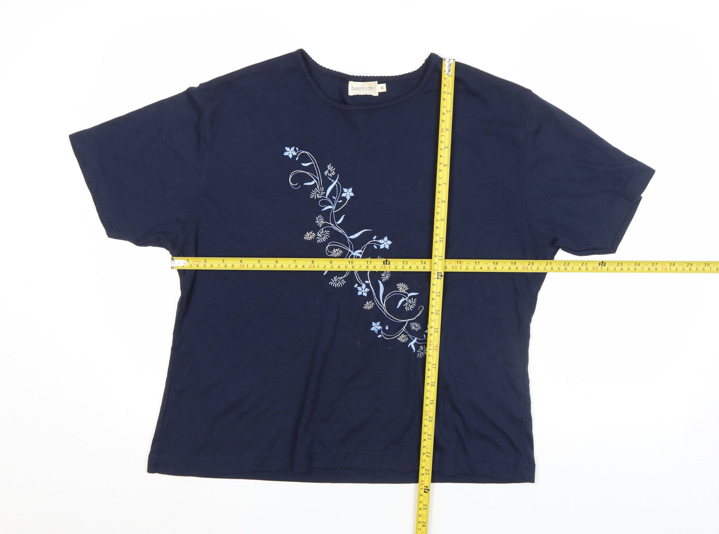 Bonmarché Women’s Blue Floral Embroidered Cotton Blend T-Shirt XL
