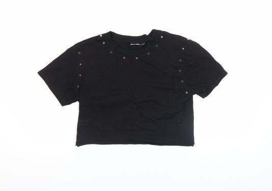 Asos Design Women Black Cropped Studded Jersey T-Shirt Size M