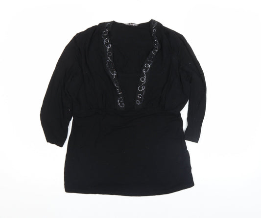 Autograph Women's Black Beaded V-Neck Tunic Blouse Size 6