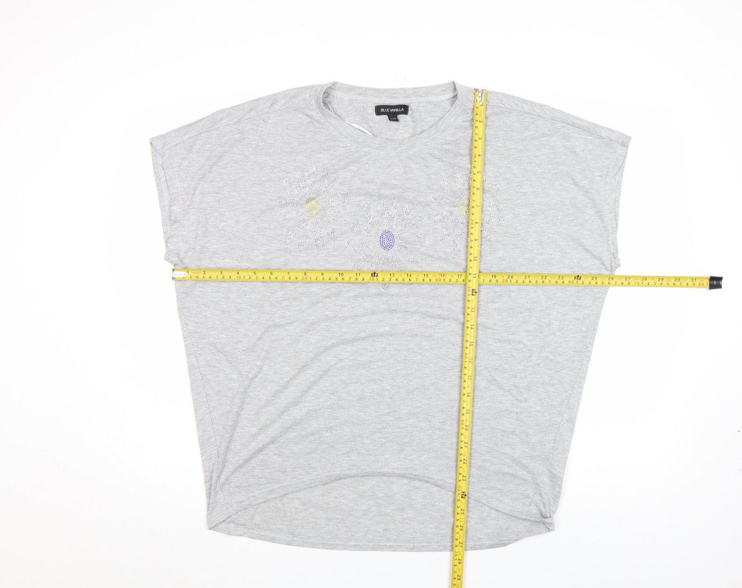 Blue Vanilla Women's Grey Beaded Flower Relaxed Fit T-Shirt Size M/L