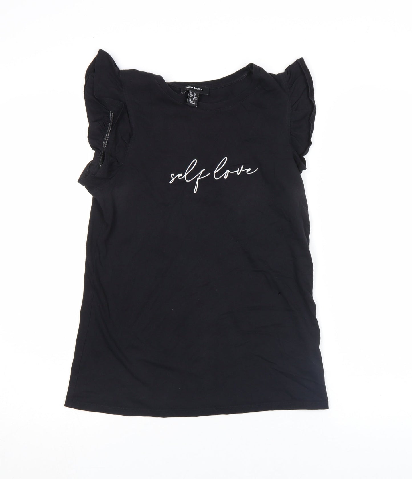 New Look Women Black Ruffle Sleeve Self Love T-Shirt Size 8
