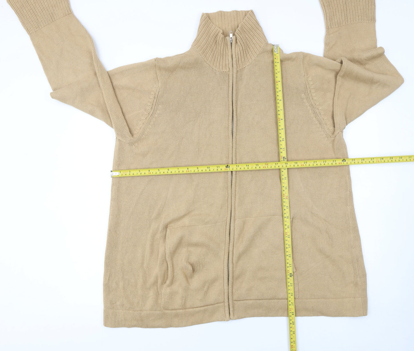 B·B Men’s Beige Cotton Full Zip High Neck Jumper 2XL