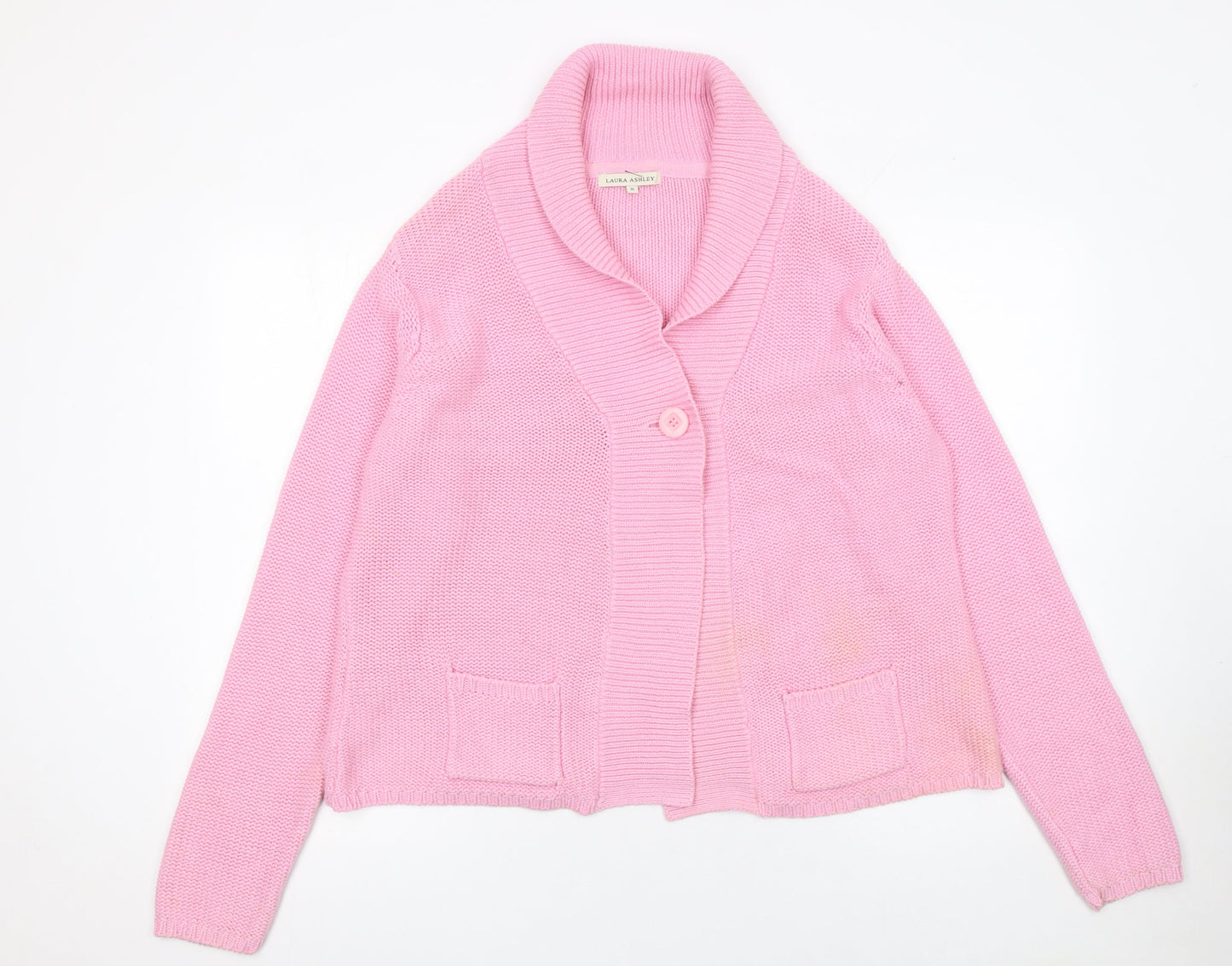 Laura Ashley Women’s Pink Cotton Cardigan XL Collared Chunky Knit