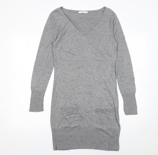 Marks and Spencer Women’s Grey Knit Jumper Dress Size 10 V-Neck Long Sleeve