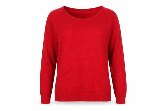 Front view of Sfera women’s red cotton long sleeve scoop neck jumper, size UK 12