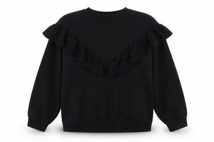 Front view of H&M girls’ black ruffle long sleeve crew neck sweatshirt 12-14 years