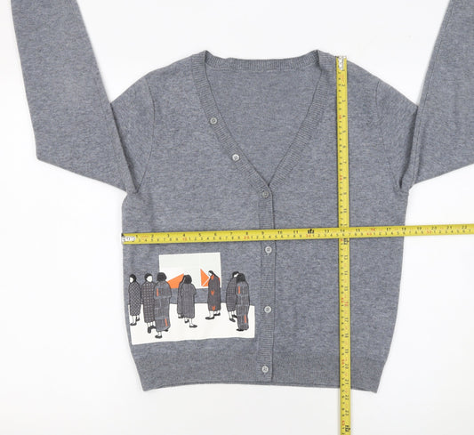 GMXY Girls Grey Cardigan Medium Knit V-Neck Graphic Buttoned Jumper