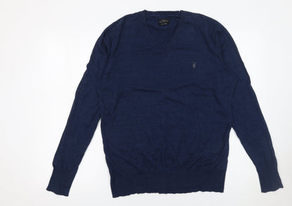 AllSaints Men’s Blue Cotton V-Neck Pullover Jumper Size L