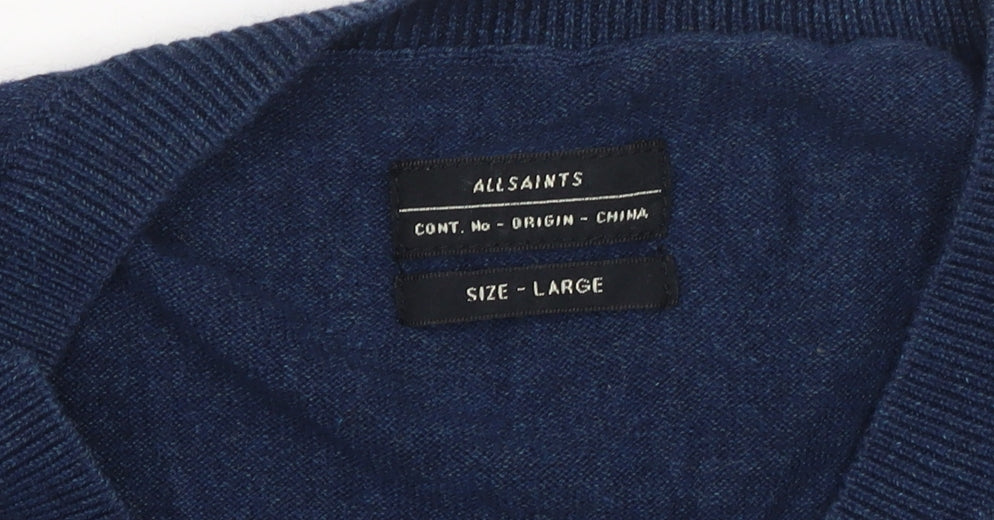 AllSaints Men’s Blue Cotton V-Neck Pullover Jumper Size L