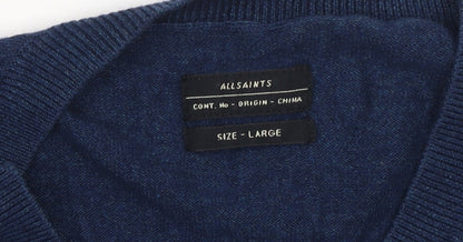 AllSaints Men’s Blue Cotton V-Neck Pullover Jumper Size L