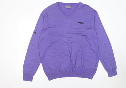 PING Men's Purple V-Neck Cotton Blend Golf Jumper L