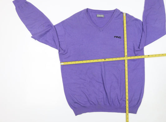 PING Men's Purple V-Neck Cotton Blend Golf Jumper L