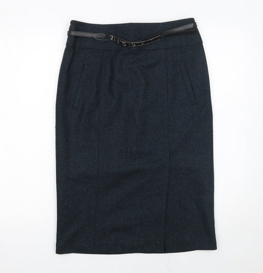 Marks and Spencer Women's Blue Tweed Pencil Skirt Size 10 Belted