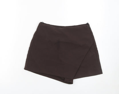 Zara Women Brown Wrap Shorts Size S High Rise Polyester Viscose