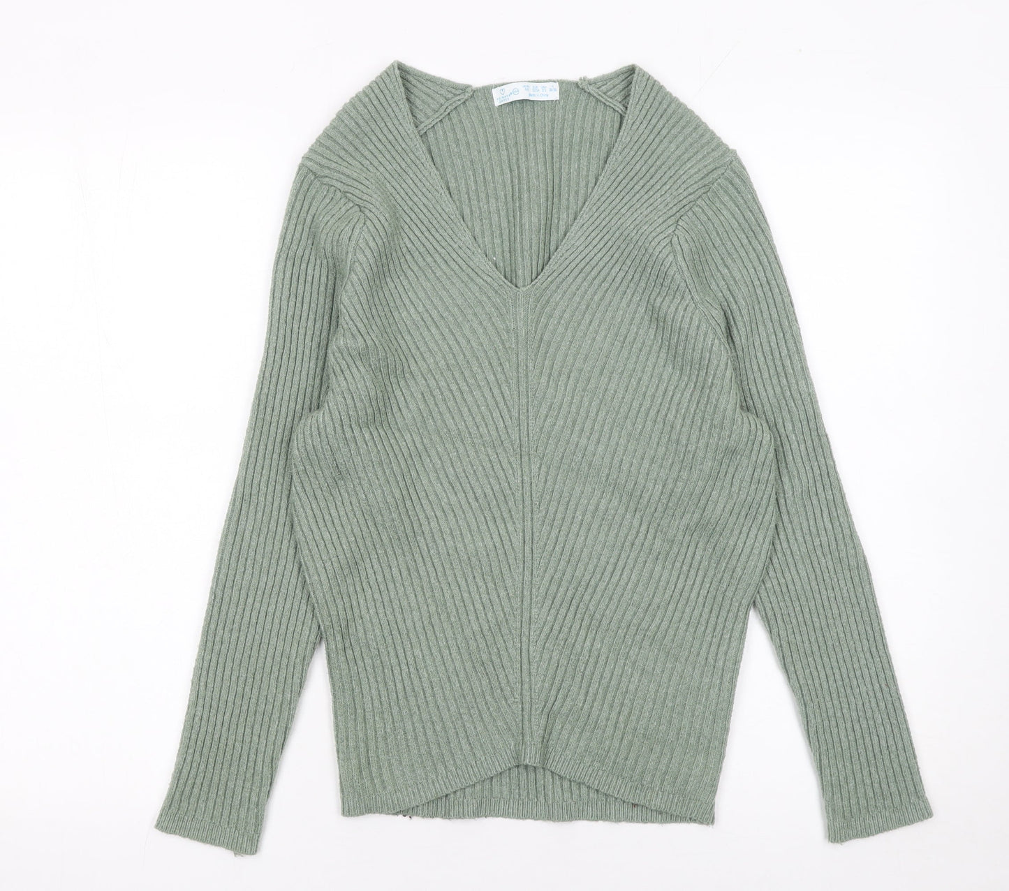 Primark Womens Green V-Neck Ribbed Knit Jumper Size 2XS