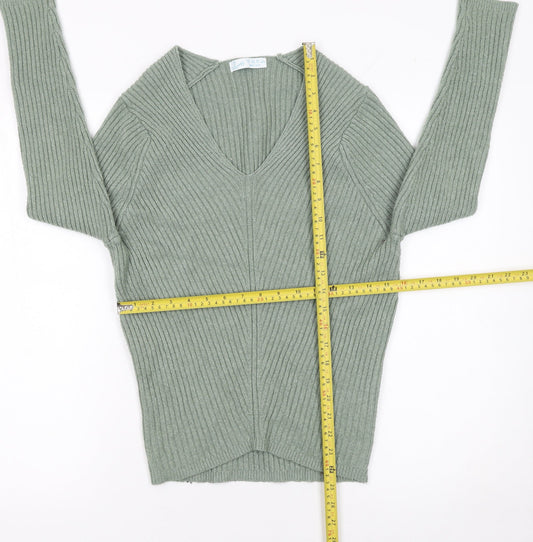 Primark Womens Green V-Neck Ribbed Knit Jumper Size 2XS