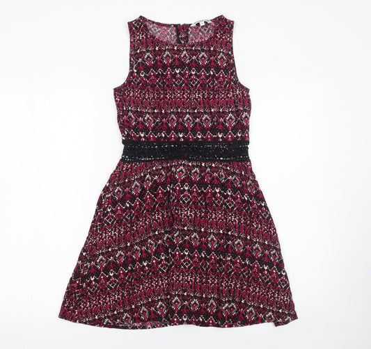 New Look Girls Red Geometric Fit & Flare Sleeveless Dress 12 Years