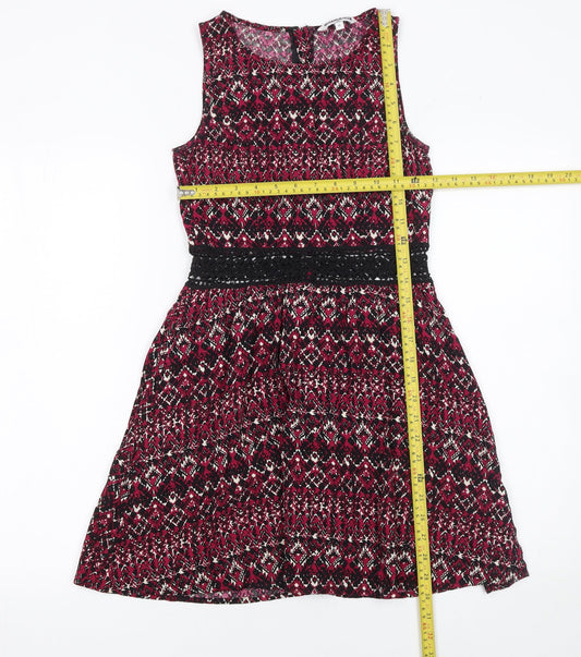 New Look Girls Red Geometric Fit & Flare Sleeveless Dress 12 Years