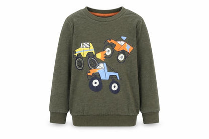 Front view of F&F boys’ green pullover sweatshirt 5-6 years monster truck graphic