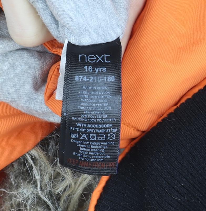 Next Boys Orange Hooded Parka Coat 16 Years Faux Fur Trim Winter Jacket