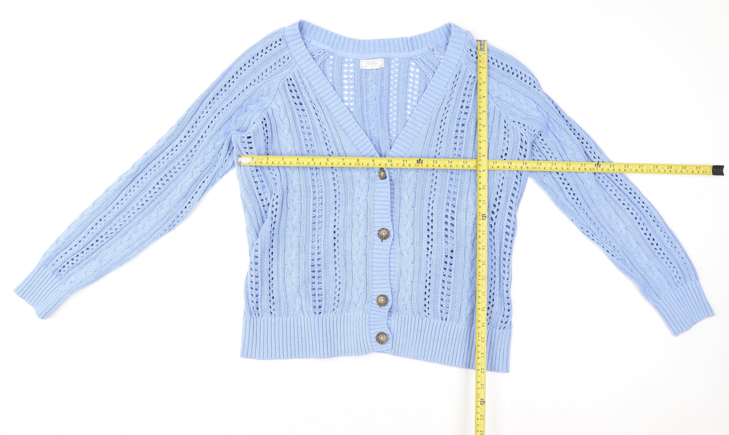 Fat Face Women Blue Size 12 Open Knit V-Neck Cardigan