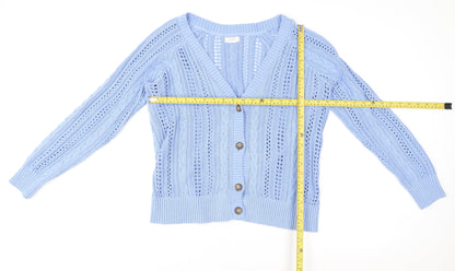 Fat Face Women Blue Size 12 Open Knit V-Neck Cardigan