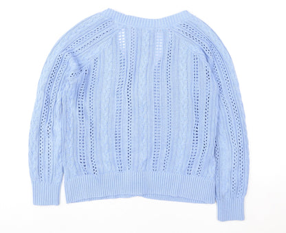 Fat Face Women Blue Size 12 Open Knit V-Neck Cardigan