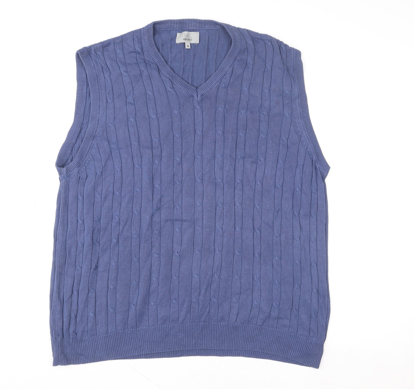 Marks and Spencer Men's Blue XL Cable Knit V-Neck Cotton Vest Jumper