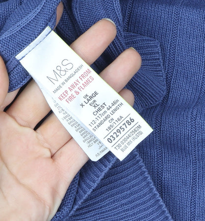 Marks and Spencer Men's Blue XL Cable Knit V-Neck Cotton Vest Jumper