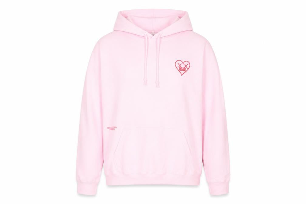 Front view of boohooMAN Pink Heart Graphic Pullover Hoodie L unisex adults