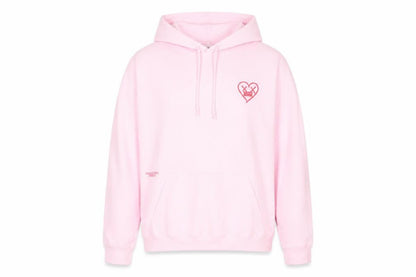 Front view of boohooMAN Pink Heart Graphic Pullover Hoodie L unisex adults