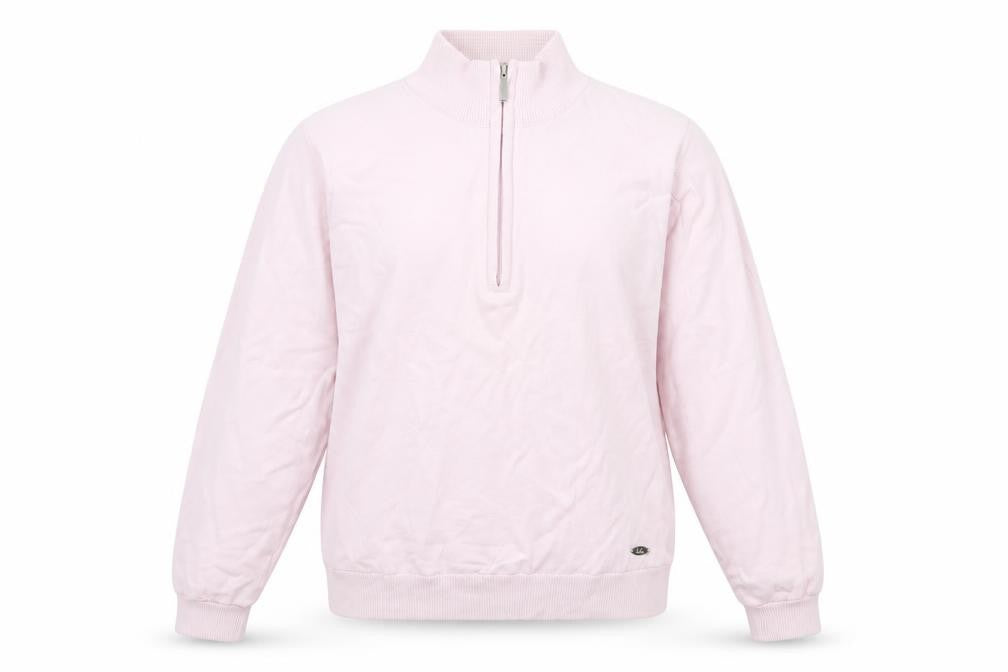 Front view of Isle by EWM girls’ pink 100% cotton 1/2 zip high neck sweatshirt 14-15 years