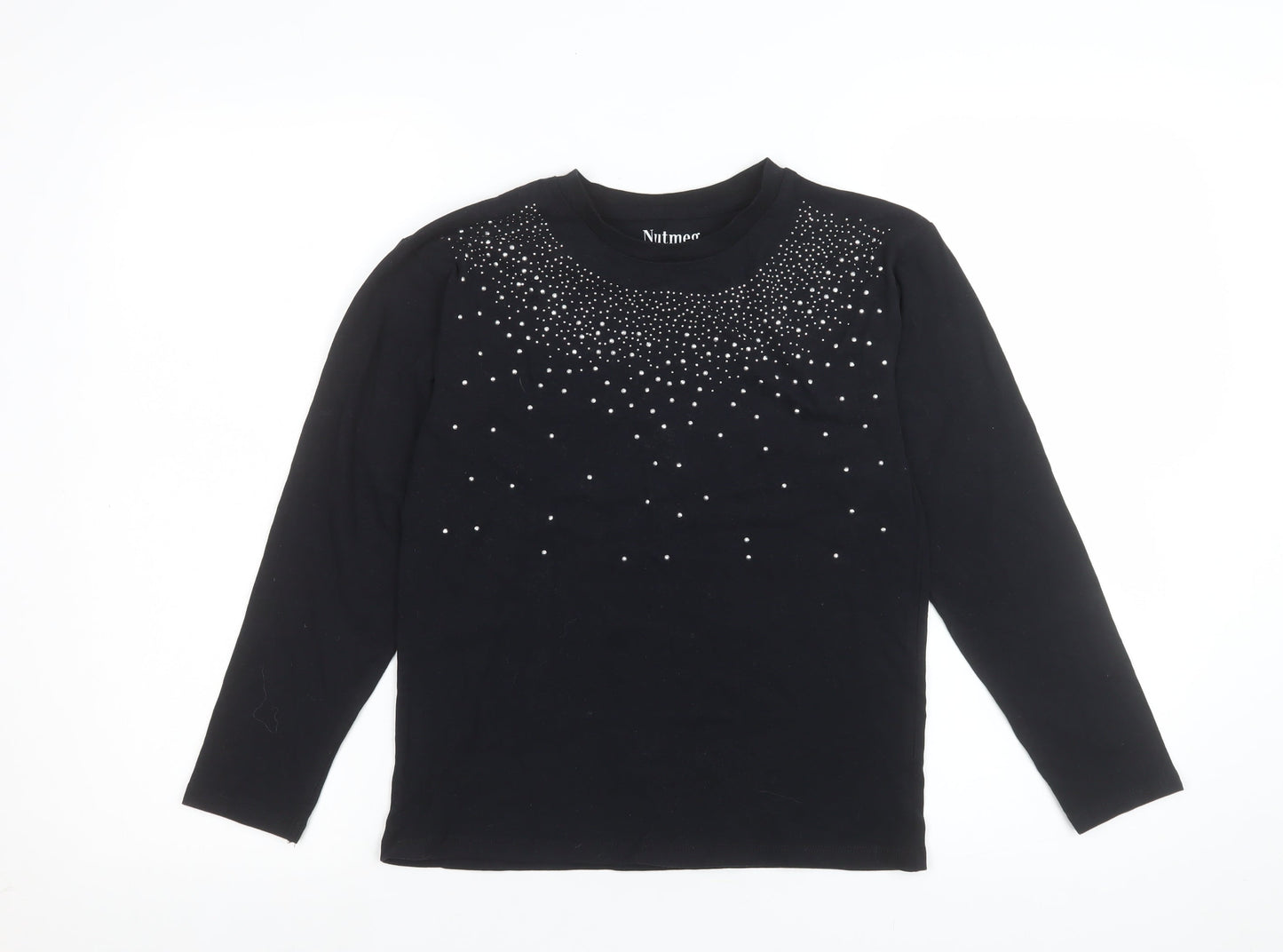 Nutmeg Teens Black Long Sleeve Beaded Crew Neck Cotton Blend Top Size 10
