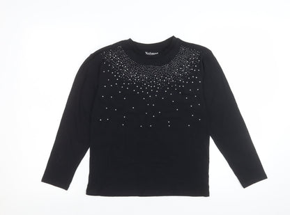 Nutmeg Teens Black Long Sleeve Beaded Crew Neck Cotton Blend Top Size 10