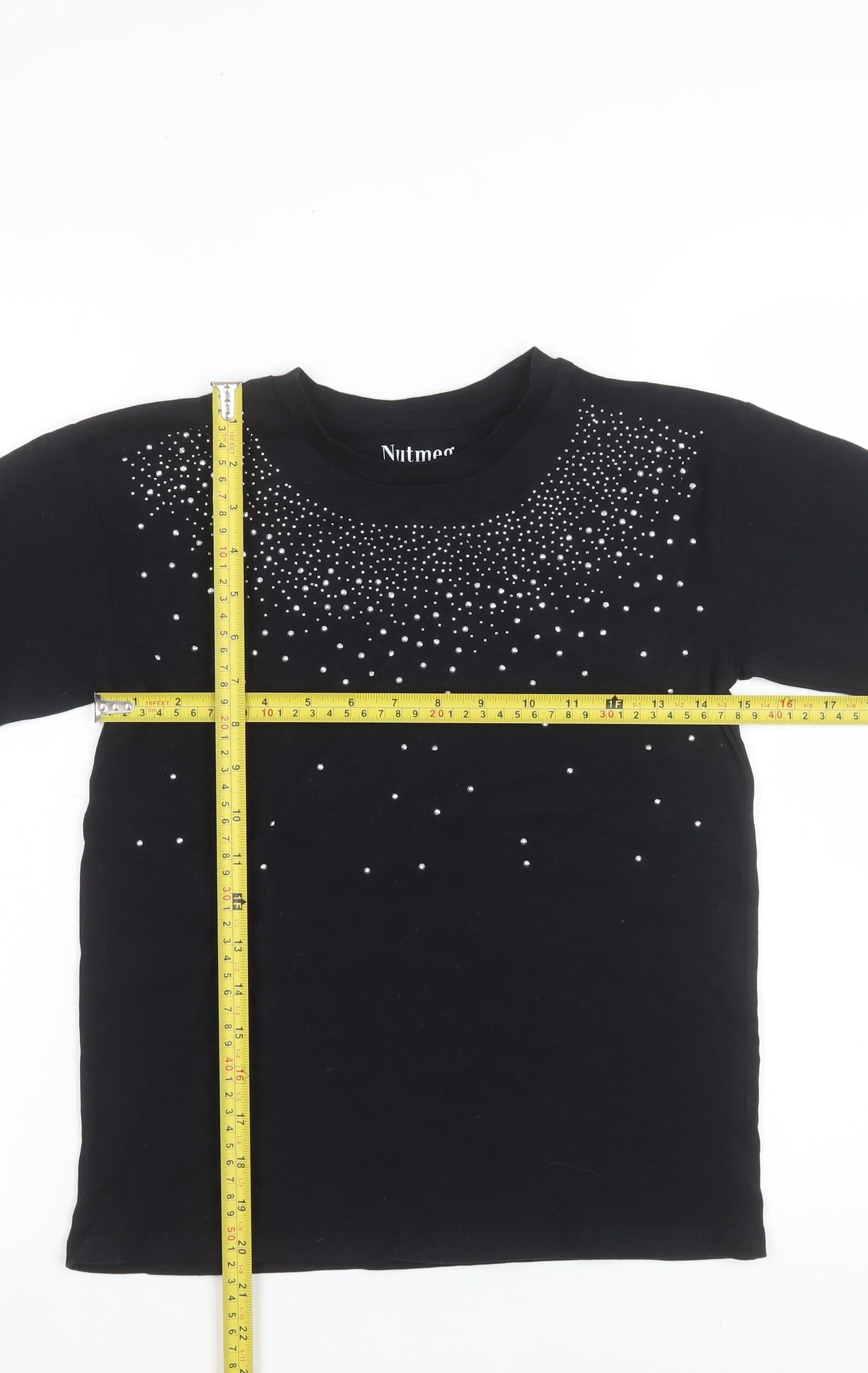 Nutmeg Teens Black Long Sleeve Beaded Crew Neck Cotton Blend Top Size 10